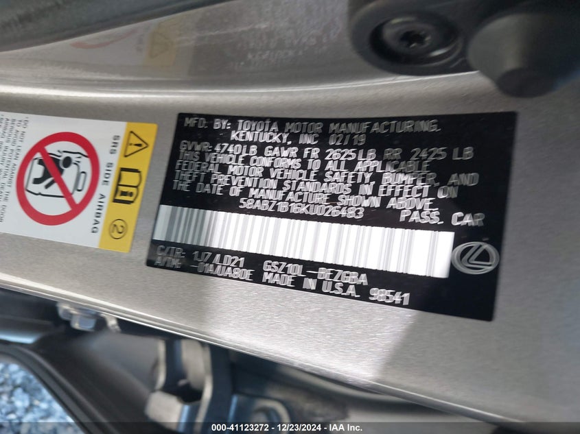 2019 LEXUS ES VIN: 58ABZ1B16KU026483
