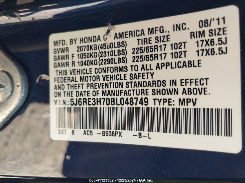 2011 HONDA CR-V VIN: 5J6RE3H70BL048749