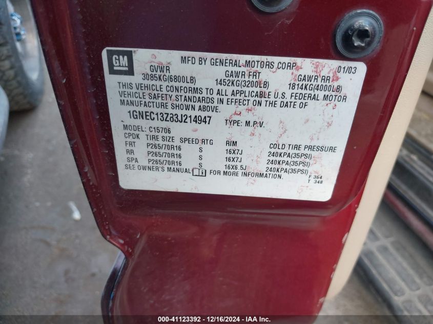 2003 Chevrolet Tahoe Lt VIN: 1GNEC13Z83J214947 Lot: 41123392