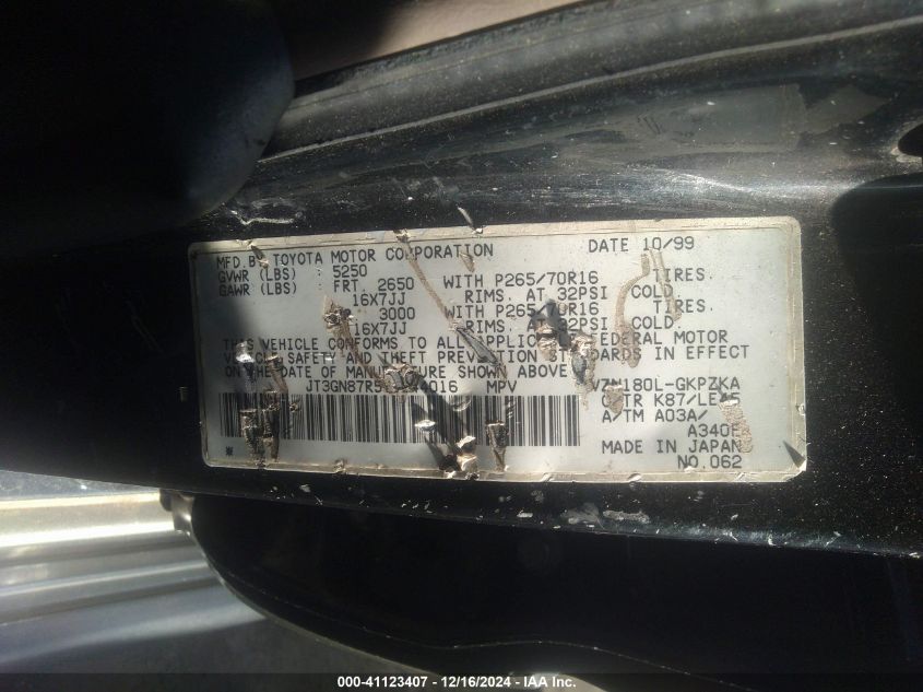 2000 Toyota 4Runner Limited V6 VIN: JT3GN87R5Y0144016 Lot: 41123407