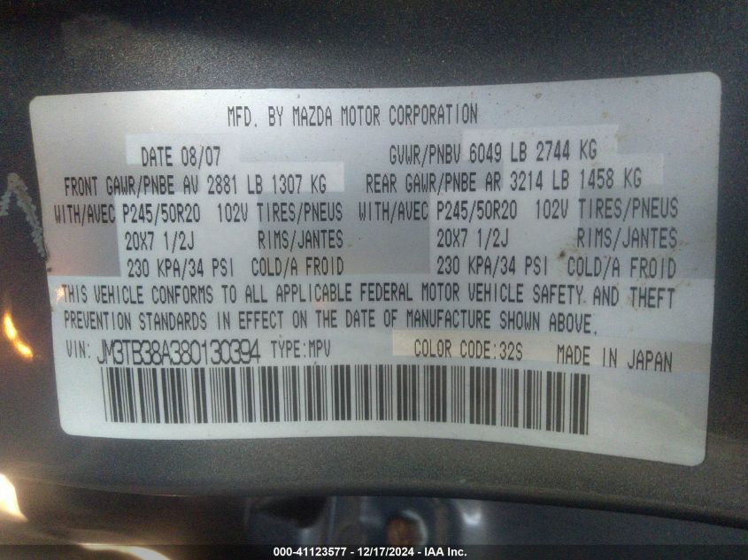2008 Mazda Cx-9 Grand Touring VIN: JM3TB38A380130394 Lot: 41123577