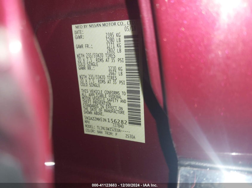 2018 NISSAN MURANO VIN: 5N1AZ2MH5JN156282