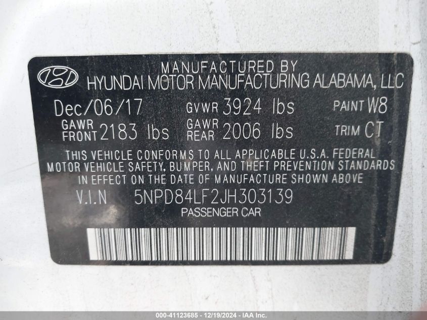 VIN 5NPD84LF2JH303139 2018 Hyundai Elantra, Value E... no.9