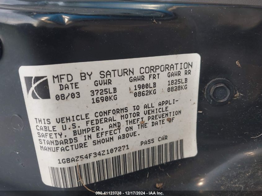 2004 Saturn Ion 2 VIN: 1G8AZ54F34Z107271 Lot: 41123738