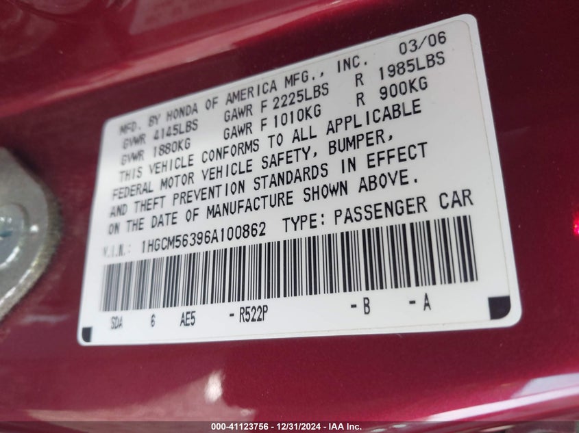 2006 HONDA ACCORD VIN: 1HGCM56396A100862