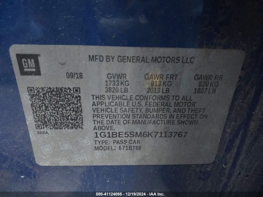 VIN 1G1BE5SM6K7113767 2019 Chevrolet Cruze, LT no.9