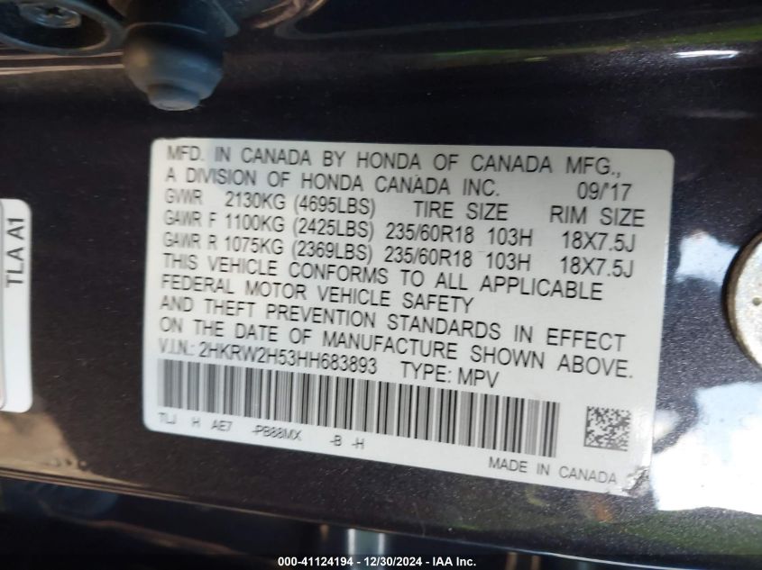 VIN 2HKRW2H53HH683893 2017 Honda CR-V, EX no.9