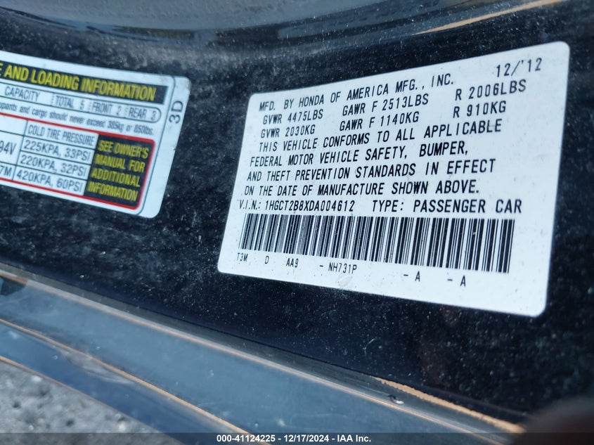 2013 HONDA ACCORD VIN: 1HGCT2B8XDA004612