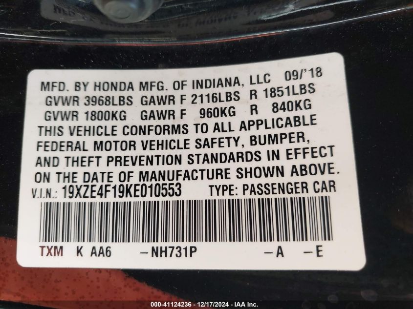 2019 Honda Insight Lx VIN: 19XZE4F19KE010553 Lot: 41124236