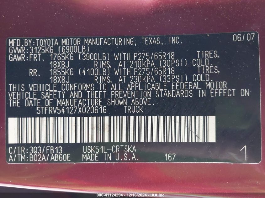 2007 Toyota Tundra Sr5 V8 VIN: 5TFRV54127X020616 Lot: 41124294