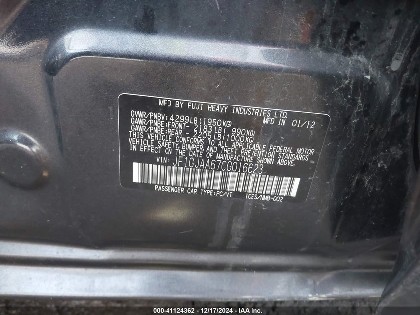 2012 SUBARU IMPREZA VIN: JF1GJAA67CG016623