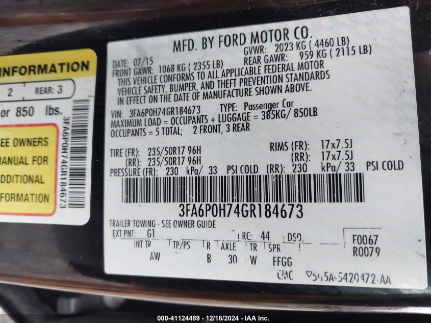 VIN 3FA6P0H74GR184673 2016 Ford Fusion, SE no.9