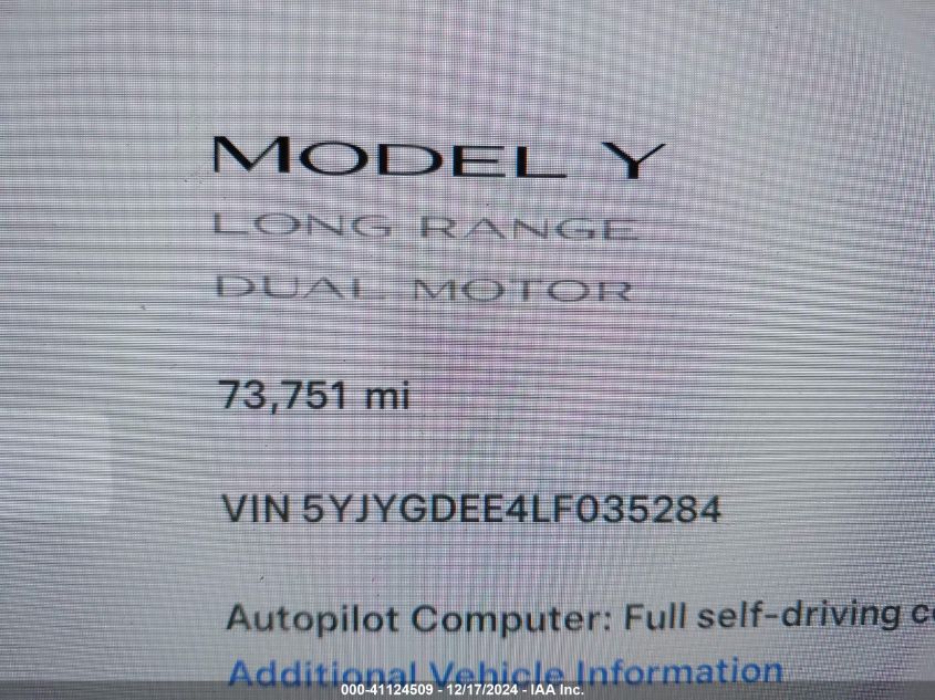 2020 Tesla Model Y Long Range Dual Motor All-Wheel Drive VIN: 5YJYGDEE4LF035284 Lot: 41124509