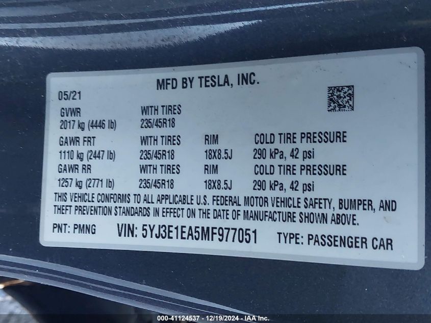 2021 Tesla Model 3 Standard Range Plus Rear-Wheel Drive VIN: 5YJ3E1EA5MF977051 Lot: 41124537