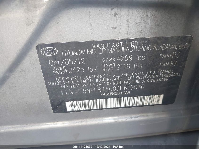 VIN 5NPEB4AC0DH619030 2013 Hyundai Sonata, Gls no.9