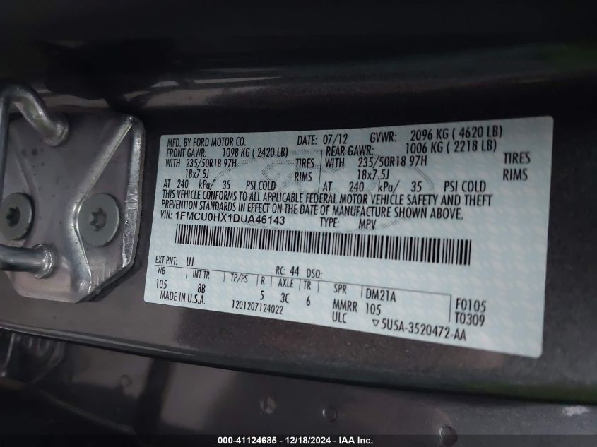 VIN 1FMCU0HX1DUA46143 2013 Ford Escape, Sel no.9