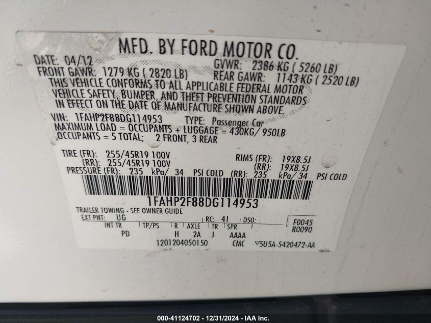 2013 Ford Taurus Limited VIN: 1FAHP2F88DG114953 Lot: 41124702