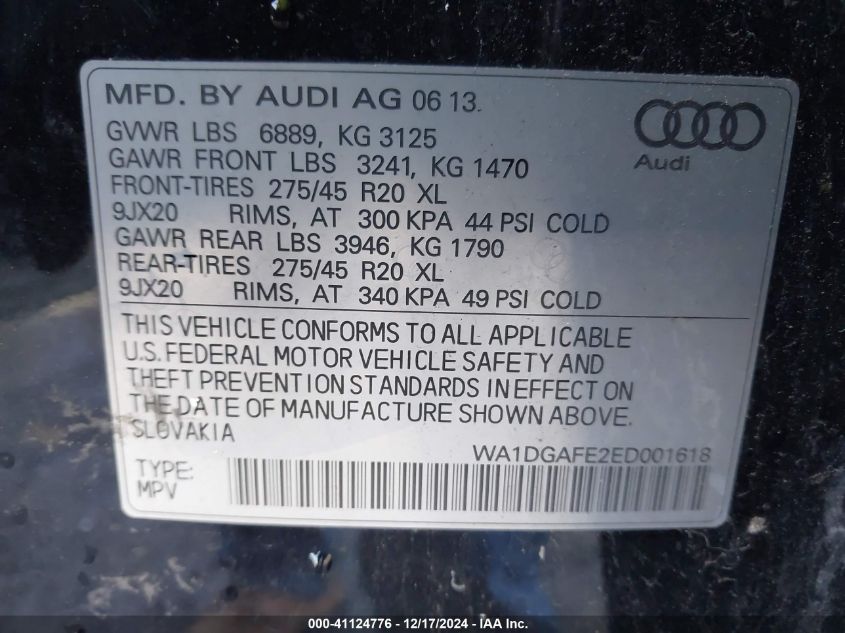 VIN WA1DGAFE2ED001618 2014 Audi Q7, 3.0T S Line Pre... no.9