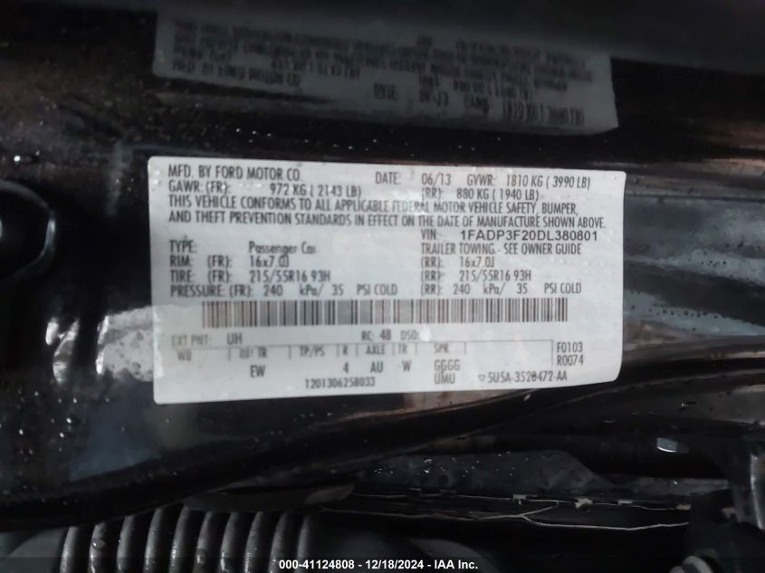 VIN 1FADP3F20DL380801 2013 Ford Focus, SE no.9