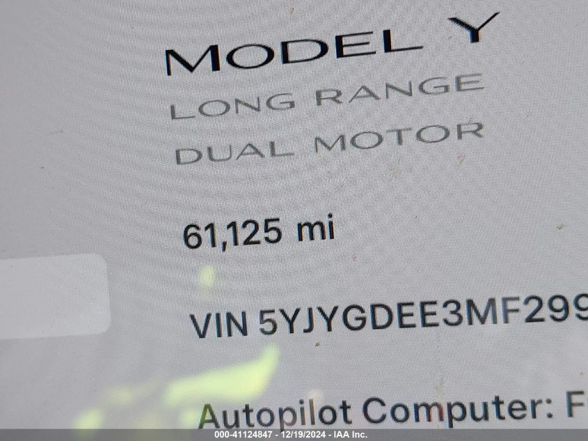 2021 Tesla Model Y Long Range Dual Motor All-Wheel Drive VIN: 5YJYGDEE3MF299758 Lot: 41124847