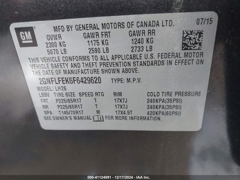 VIN 2GNFLFEK6F6429620 2015 Chevrolet Equinox, 1LT no.9