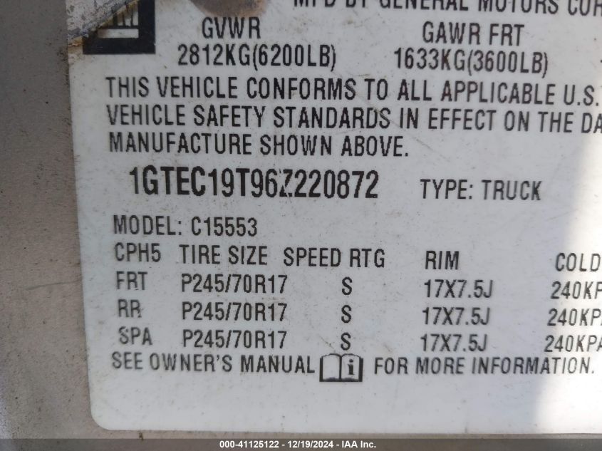 2006 GMC Sierra 1500 Sle1 VIN: 1GTEC19T96Z220872 Lot: 41125122