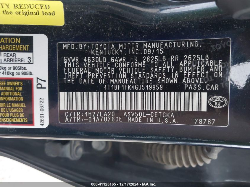 VIN 4T1BF1FK4GU519959 2016 TOYOTA CAMRY no.9