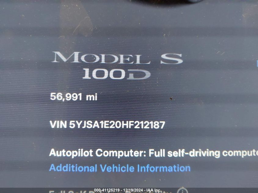 2017 Tesla Model S 100D/60D/75D/90D/P100D VIN: 5YJSA1E20HF212187 Lot: 41125219