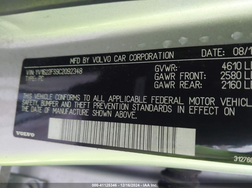 2012 Volvo S60 T5 VIN: YV1622FS9C2092348 Lot: 41125346