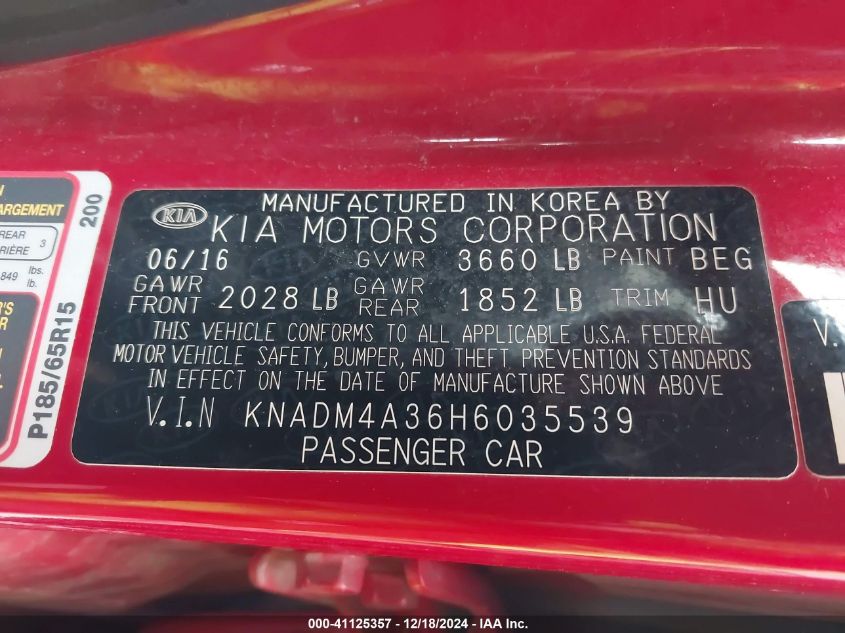 2017 Kia Rio Lx VIN: KNADM4A36H6035539 Lot: 41125357