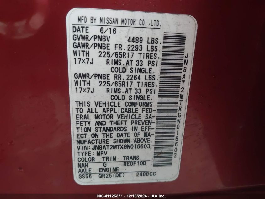 VIN JN8AT2MTXGW016603 2016 Nissan Rogue, S no.9