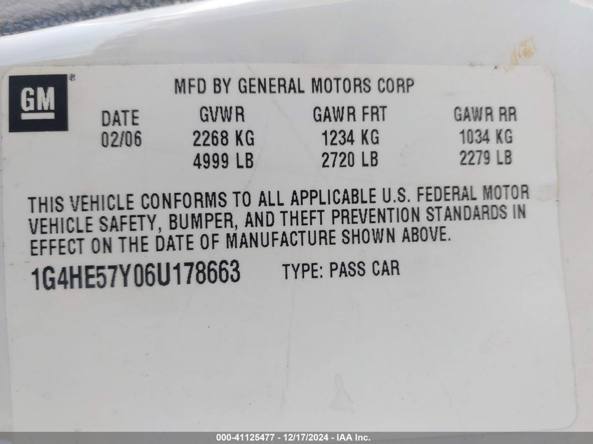 2006 BUICK LUCERNE VIN: 1G4HE57Y06U178663