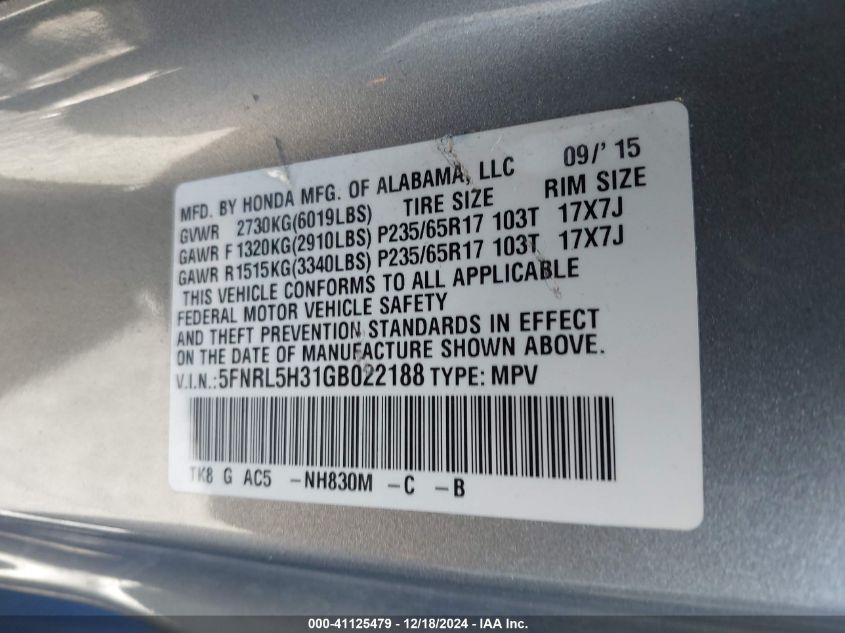 VIN 5FNRL5H31GB022188 2016 Honda Odyssey, SE no.9