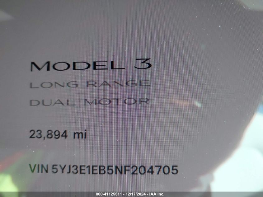 2022 Tesla Model 3 Long Range Dual Motor All-Wheel Drive VIN: 5YJ3E1EB5NF204705 Lot: 41125511