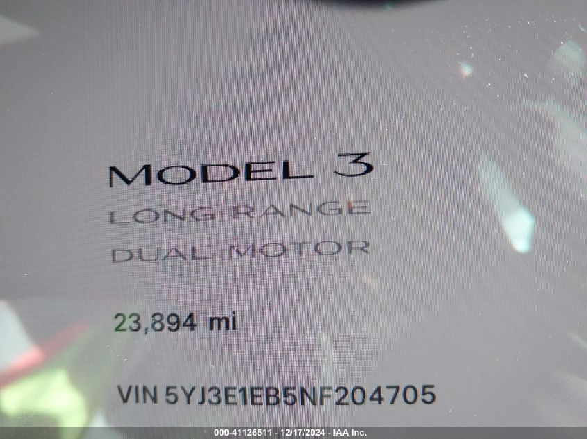 2022 Tesla Model 3 Long Range Dual Motor All-Wheel Drive VIN: 5YJ3E1EB5NF204705 Lot: 41125511