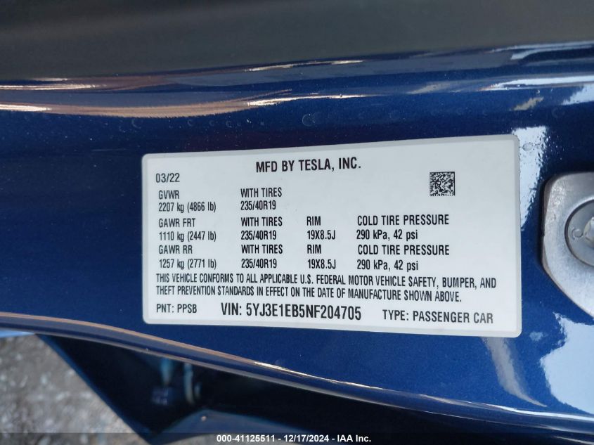 2022 Tesla Model 3 Long Range Dual Motor All-Wheel Drive VIN: 5YJ3E1EB5NF204705 Lot: 41125511