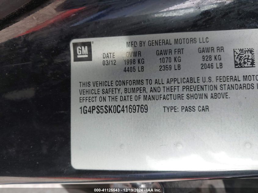 2012 Buick Verano Leather Group VIN: 1G4PS5SK0C4169769 Lot: 41125543