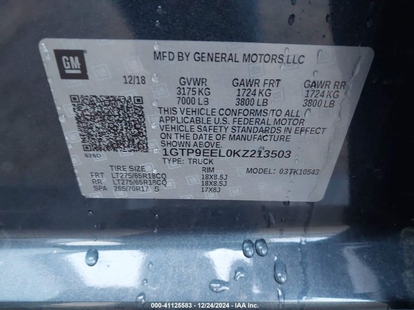 2019 GMC Sierra 1500 At4 VIN: 1GTP9EEL0KZ213503 Lot: 41125583