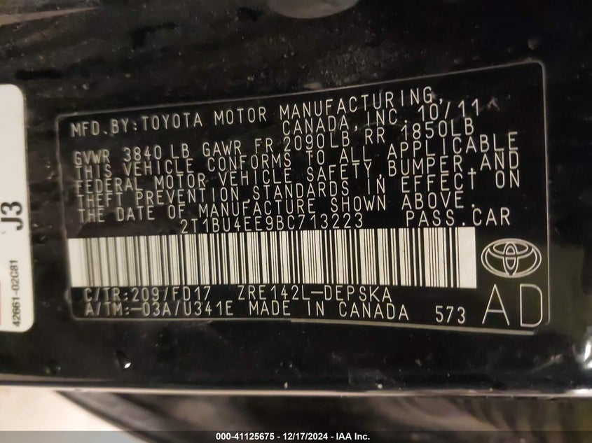2011 TOYOTA COROLLA VIN: 2T1BU4EE9BC713223