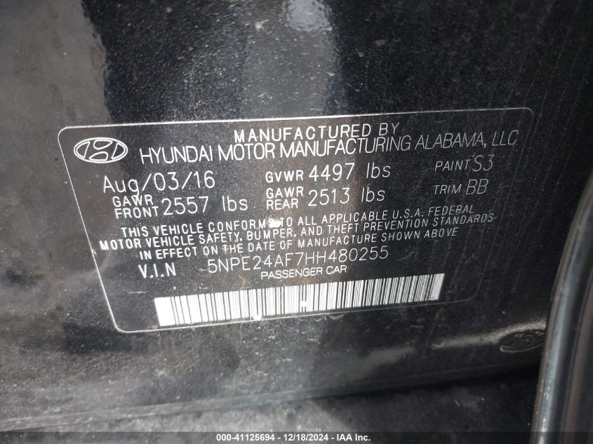 VIN 5NPE24AF7HH480255 2017 Hyundai Sonata, SE no.9