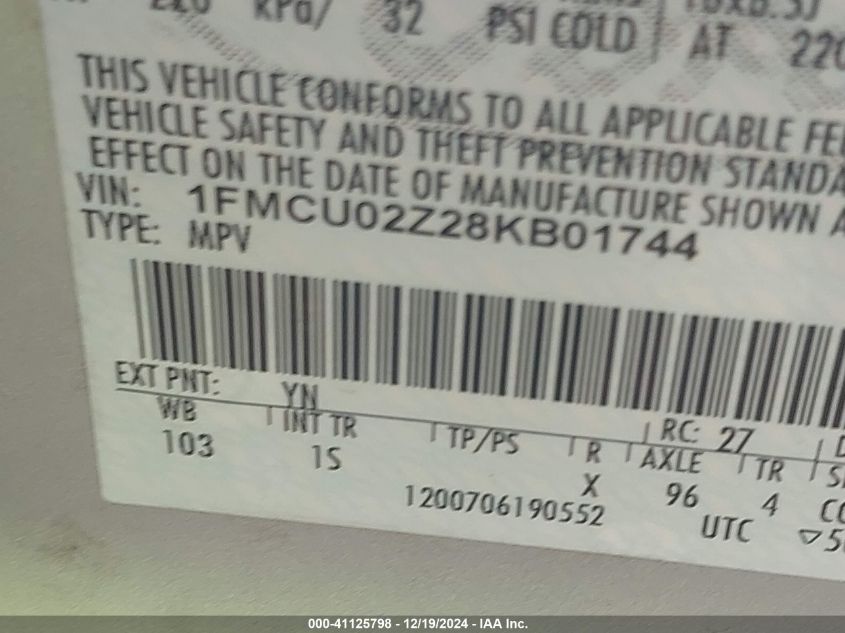 2008 Ford Escape Xls/Xls Manual VIN: 1FMCU02Z28KB01744 Lot: 41125798