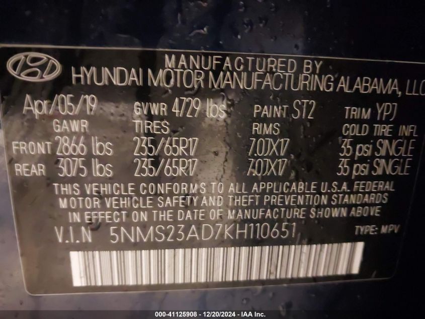 VIN 5NMS23AD7KH110651 2019 HYUNDAI SANTA FE no.9