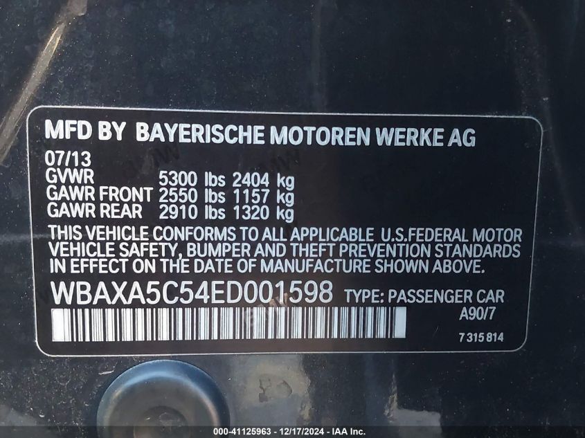 VIN WBAXA5C54ED001598 2014 BMW 5 Series, 535D no.9