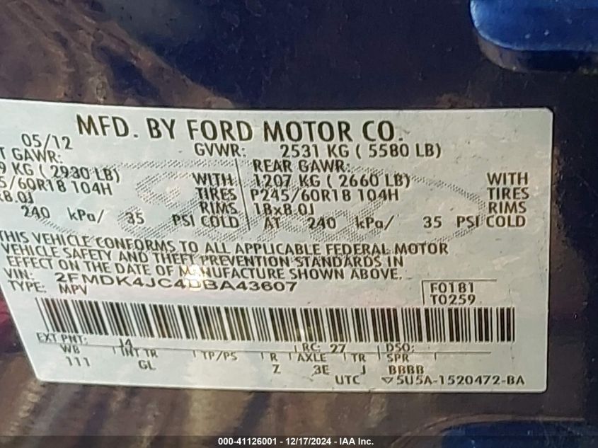 VIN 2FMDK4JC4DBA43607 2013 Ford Edge, Sel no.9