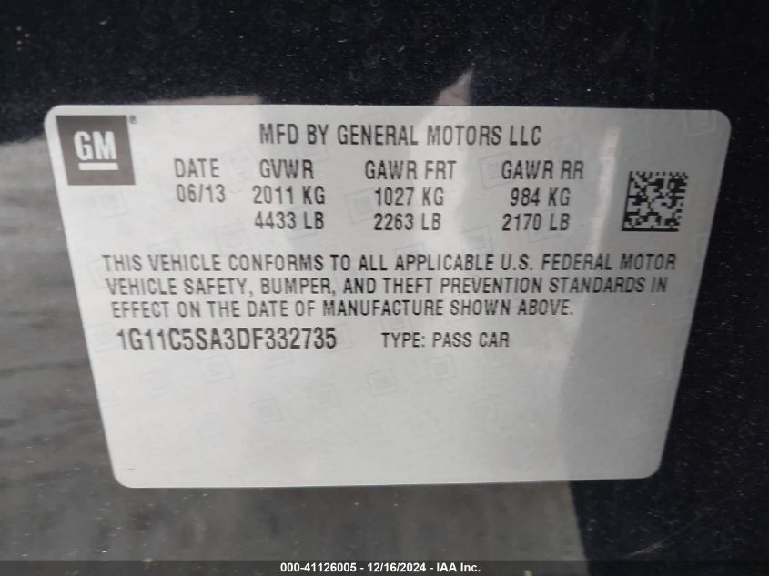 VIN 1G11C5SA3DF332735 2013 CHEVROLET MALIBU no.9