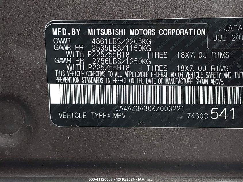 2019 Mitsubishi Outlander Sel VIN: JA4AZ3A30KZ003221 Lot: 41126089