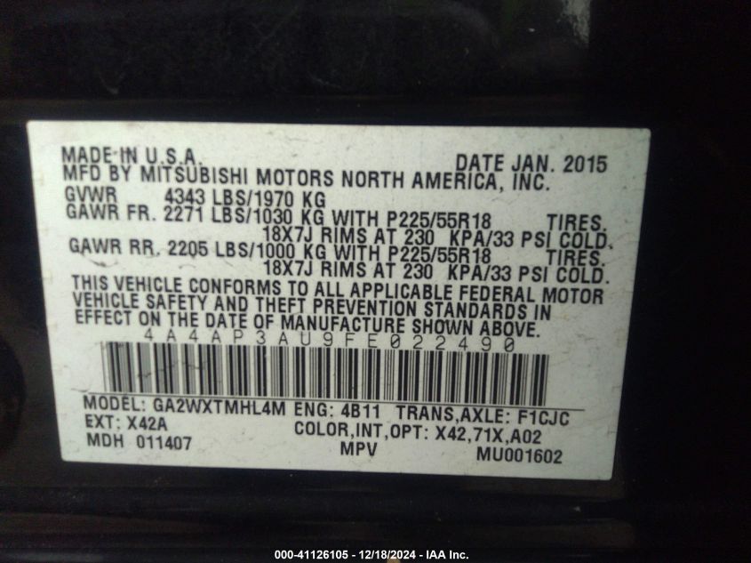 VIN 4A4AP3AU9FE022490 2015 MITSUBISHI OUTLANDER SPORT no.9