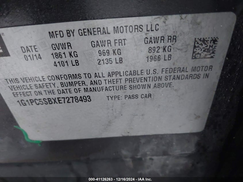 2014 CHEVROLET CRUZE VIN: 1G1PC5SBXE7278493