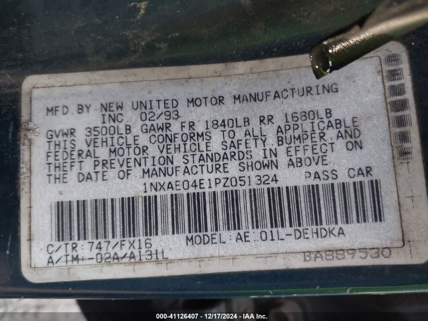 1993 Toyota Corolla VIN: 1NXAE04E1PZ051324 Lot: 41126407