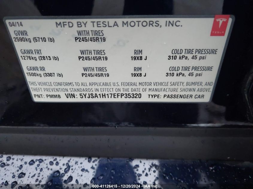 2014 Tesla Model S P85 VIN: 5YJSA1H17EFP35320 Lot: 41126415